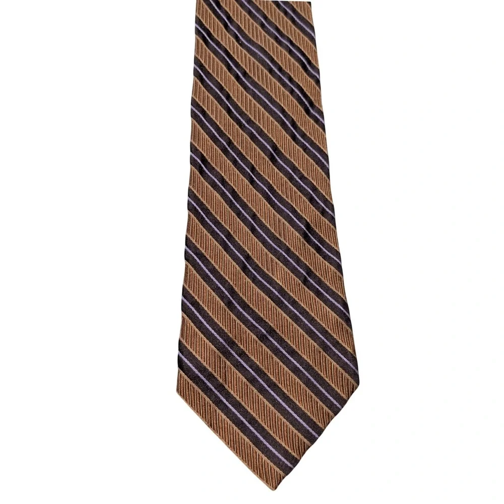 Claiborne Necktie Brown‎ Bronze Lavender Striped Silk Hand Made Classic Tie